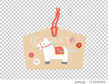 New Year's card material / Simple illustration of a votive plaque for the Year of the Horse / Cute illustration of a votive plaque with a horse illustration 131299493