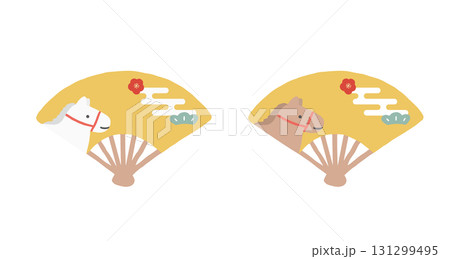 年賀状素材セット/午年のシンプルな扇子のイラスト/和柄の金色の扇子 年賀状素材セット/午年のシンプルな扇子のイラスト/和柄の金色の扇子 131299495