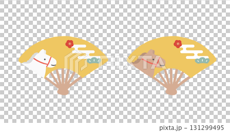 New Year's card material set / Simple fan illustration for the Year of the Horse / Golden fan with Japanese pattern 131299495