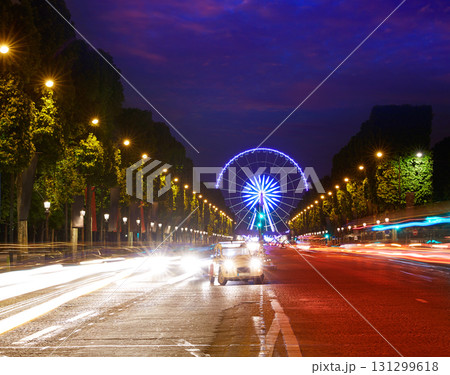 Champs Elysees in Paris and Concorde sunset 131299618