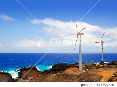 Aerogenerator windmills in front of ocean sea Aerogenerator windmills in front of ocean sea 131299716