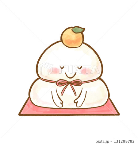 水彩風のかわいい鏡餅キャラクター お辞儀するお正月イラスト素材 131299792