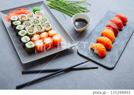 Sushi Maki and Niguiri soy sauce and wasabi 131299891