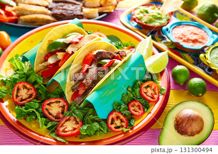 Mexican chicken and beef fajitas tacos Mexican chicken and beef fajitas tacos 131300494