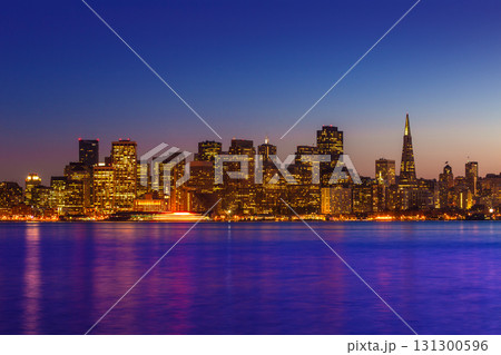 San Francisco sunset skyline California bay water reflection 131300596