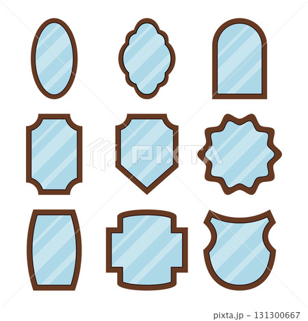 Set of Decorative Mirrors Vector Illustration. A stylish set of nine decorative mirrors, each designed with unique shapes and framed in brown wood. Set of Decorative Mirrors Vector Illustration. A stylish set of nine decorative mirrors, each designed with unique shapes and framed in brown wood. 131300667
