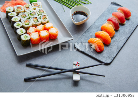 Sushi Maki and Niguiri soy sauce and wasabi 131300958