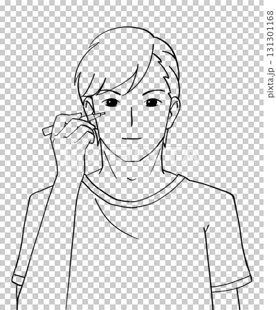 Black and white illustration of a man applying concealer 131301168