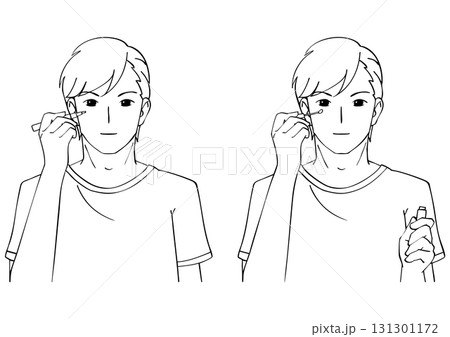 コンシーラーを塗る男性の白黒イラストセット 131301172