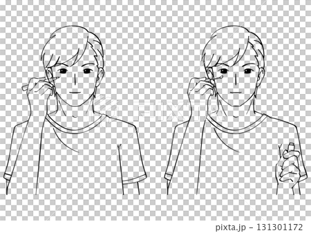 Black and white illustration set of a man applying concealer 131301172