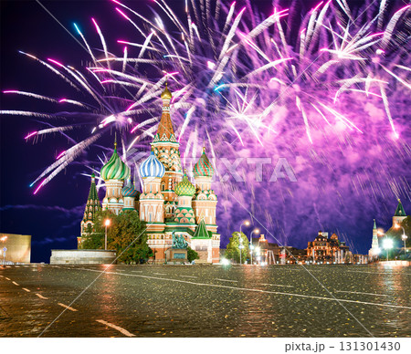 Temple of Basil the Blessed and fireworks in honor of Victory Day celebration (WWII), Red Square, Moscow, Russia. 131301430