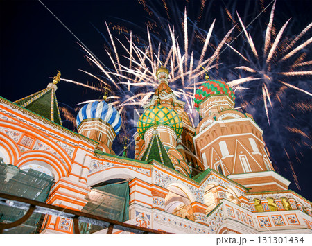 Temple of Basil the Blessed and fireworks in honor of Victory Day celebration (WWII), Red Square, Moscow, Russia. Temple of Basil the Blessed and fireworks in honor of Victory Day celebration (WWII), Red Square, Moscow, Russia. 131301434