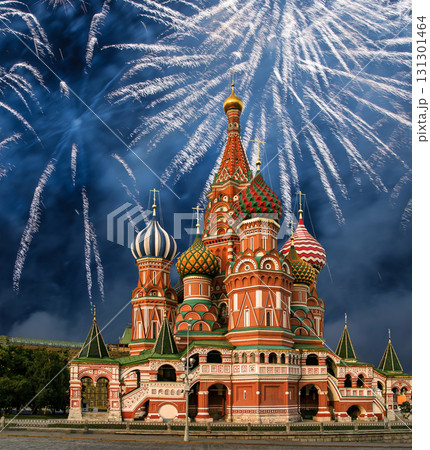 Temple of Basil the Blessed and fireworks in honor of Victory Day celebration (WWII), Red Square, Moscow, Russia 131301464