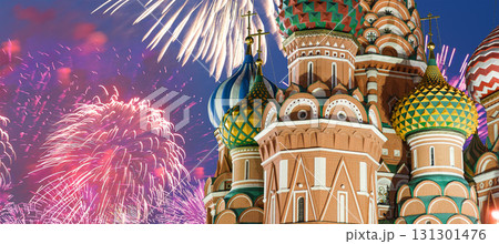Temple of Basil the Blessed and fireworks in honor of Victory Day celebration (WWII), Red Square, Moscow, Russia 131301476