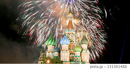 Temple of Basil the Blessed and fireworks in honor of Victory Day celebration (WWII), Red Square, Moscow, Russia Temple of Basil the Blessed and fireworks in honor of Victory Day celebration (WWII), Red Square, Moscow, Russia 131301488