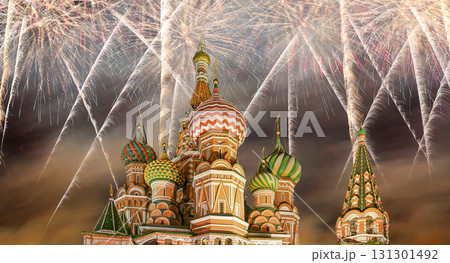 Temple of Basil the Blessed and fireworks in honor of Victory Day celebration (WWII), Red Square, Moscow, Russia 131301492