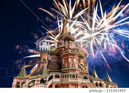 Temple of Basil the Blessed and fireworks in honor of Victory Day celebration (WWII), Red Square, Moscow, Russia 131301497