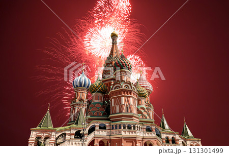 Temple of Basil the Blessed and fireworks in honor of Victory Day celebration (WWII), Red Square, Moscow, Russia Temple of Basil the Blessed and fireworks in honor of Victory Day celebration (WWII), Red Square, Moscow, Russia 131301499
