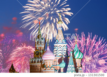 Temple of Basil the Blessed and fireworks in honor of Victory Day celebration (WWII), Red Square, Moscow, Russia 131301500