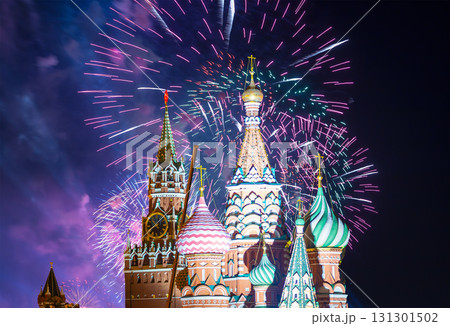 Temple of Basil the Blessed and fireworks in honor of Victory Day celebration (WWII), Red Square, Moscow, Russia Temple of Basil the Blessed and fireworks in honor of Victory Day celebration (WWII), Red Square, Moscow, Russia 131301502