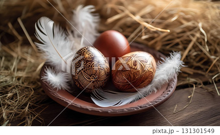 Three beautiful Easter painted eggs with birds feathers on clay plate in hay on the table, close-up. Three beautiful Easter painted eggs with birds feathers on clay plate in hay on the table, close-up. 131301549