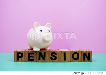 Pension alphabet letters with piggy bank saving on pink and green background 131301784