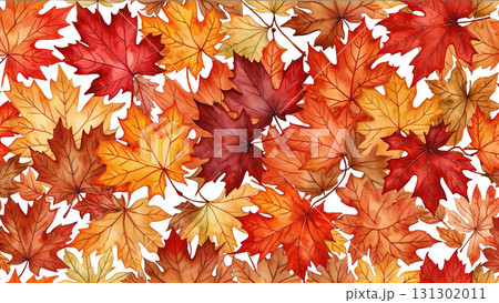 水彩で描かれた赤とオレンジの紅葉が重なる美しい秋の模様 131302011