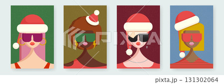 Christmas girls vector poster set, diverse female characters in Santa hats and sunglasses, modern flat design, holiday party invitation, creative social media stories, banners, fashion, celebration 131302064