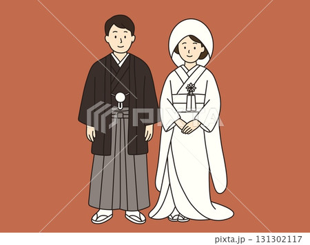 結婚式をする新郎新婦、ウェルカムボード、和装 131302117