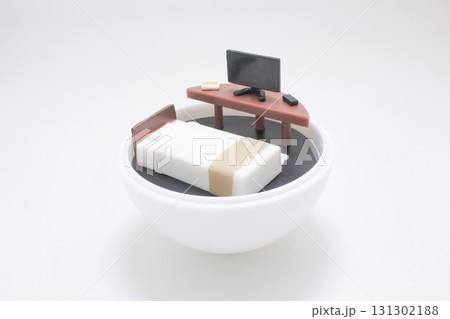 Miniature Bed And Desk Scene Inside White Bowl With Computer Model Miniature Bed And Desk Scene Inside White Bowl With Computer Model 131302188