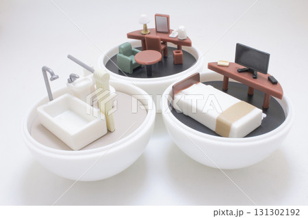 Miniature Room Scenes In Bowls Showcasing Home Office Bedroom Living Room And Bathroom Decor 131302192