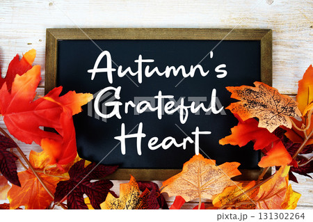 Autumn's Grateful Heart text written on chalkboard with maple leaf decoration on wooden background 131302264
