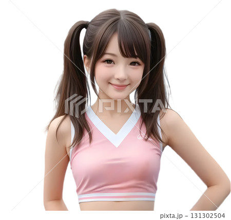ツインテールの笑顔のピンクユニフォームの可愛いチアリーダー 131302504