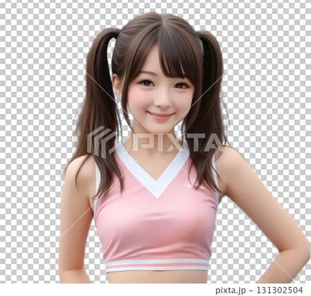 ツインテールの笑顔のピンクユニフォームの可愛いチアリーダー 131302504