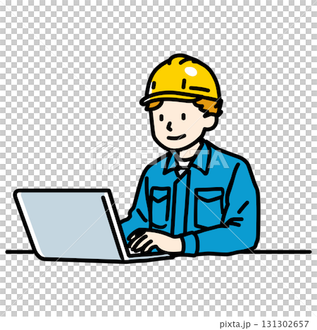 Yellow helmet construction worker smiling and doing office work Yellow helmet construction worker smiling and doing office work 131302657