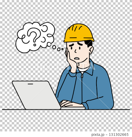 Yellow helmet construction worker worries about office work 131302665