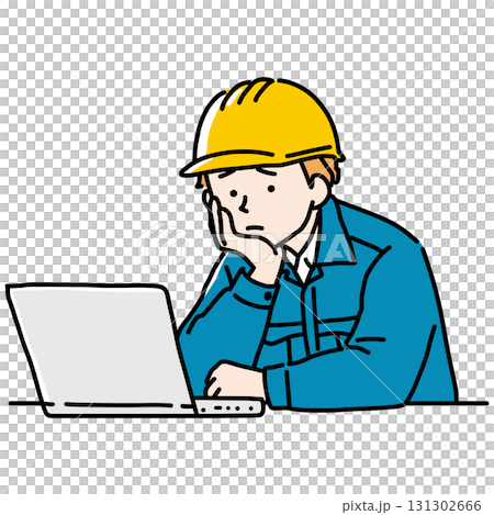 黃頭盔建築工人擔心辦公室工作 黃頭盔建築工人擔心辦公室工作 131302666