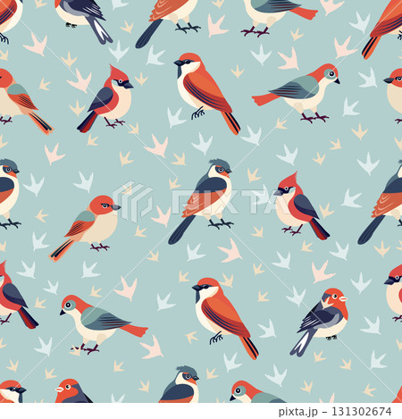 Seamless pattern of colorful birds on light blue background with scattered bird tracks 131302674