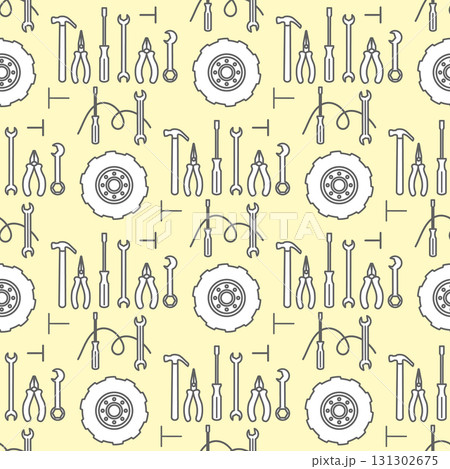 Seamless pattern featuring automotive tools and wheels on a pale yellow background 131302675