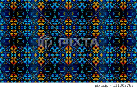 Geometric mosaic of blue and yellow diamonds with repeating shapes. Intricate geometric mosaic featuring blue and yellow diamond patterns with continuous repetition. Geometric mosaic of blue and yellow diamonds with repeating shapes. Intricate geometric mosaic featuring blue and yellow diamond patterns with continuous repetition. 131302765
