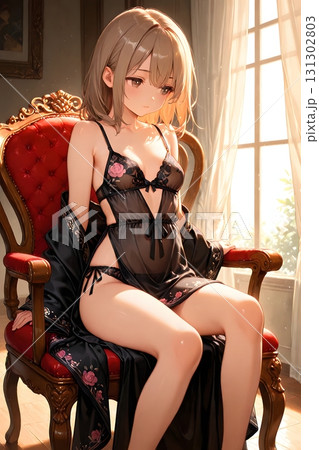 柔らかな朝の光の中、アンティーク調の椅子に座る黒い花柄ランジェリー姿のエレガントなアニメ少女 柔らかな朝の光の中、アンティーク調の椅子に座る黒い花柄ランジェリー姿のエレガントなアニメ少女 131302803