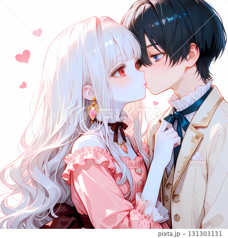 キスをするカップル。アルビノの少女と碧眼の青年のバレンタインデー。日本の漫画風のAIイラスト 131303131