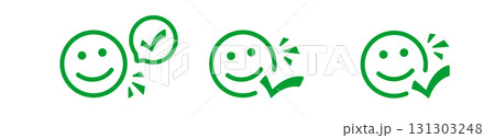 Green smiley icons with checkmarks and speech bubbles 131303248