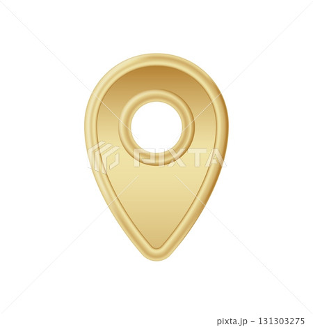 Golden location marker with a smooth circular hole design and gleaming metallic finish 131303275