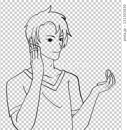Black and white illustration of a man applying makeup with a compact mirror Black and white illustration of a man applying makeup with a compact mirror 131303830