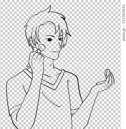 Black and white illustration of a man applying makeup with a compact mirror Black and white illustration of a man applying makeup with a compact mirror 131303832