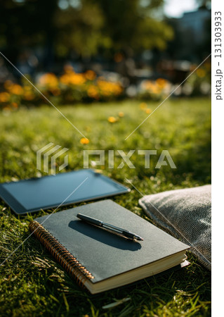 Notebook, pen and tablet on grass in sunny park 131303933