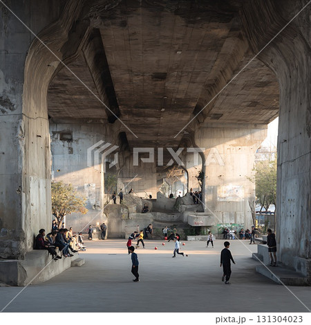 コンクリートの橋の下で遊ぶ若者たち 131304023
