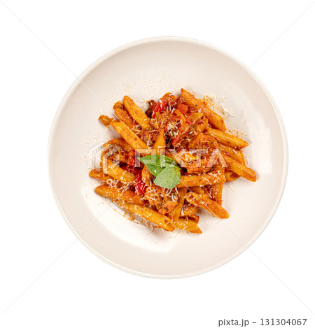 Isolated penne pasta with meat sauce and basil 131304067