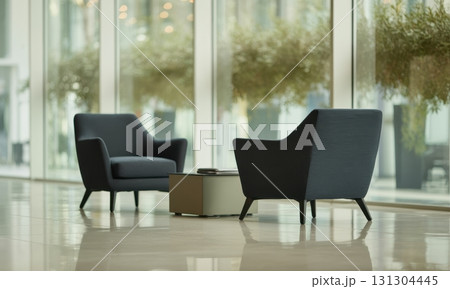 Stylish charcoal grey armchairs and table in a bright, modern corporate lobby interior 131304445